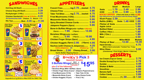 Rocky's Pizzeria Menu